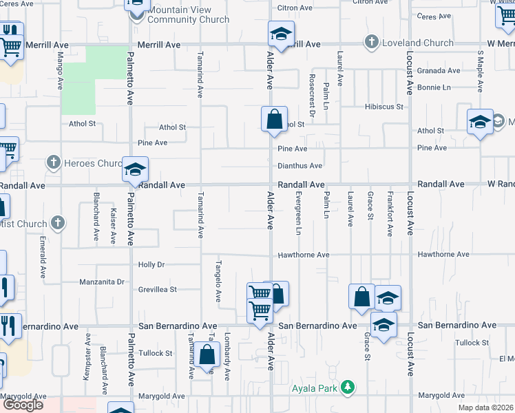 map of restaurants, bars, coffee shops, grocery stores, and more near 17662 Fontlee Lane in Fontana
