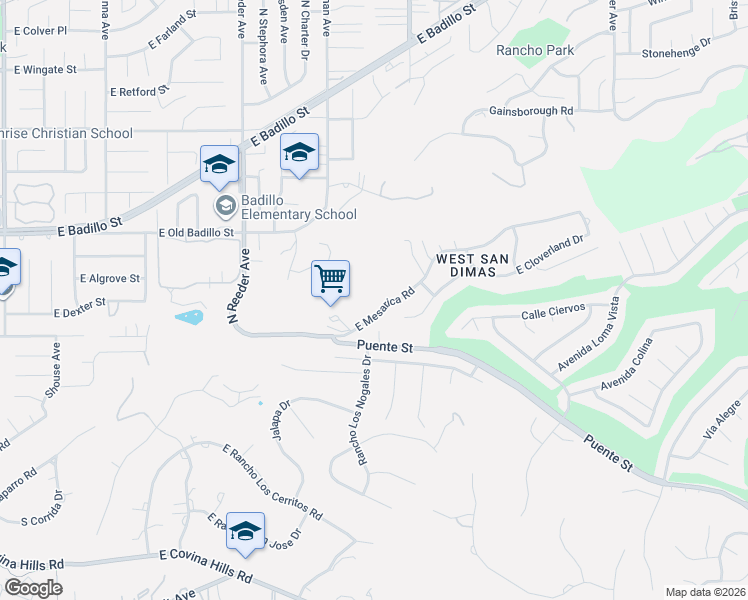 map of restaurants, bars, coffee shops, grocery stores, and more near 20823 East Mesarica Road in Covina