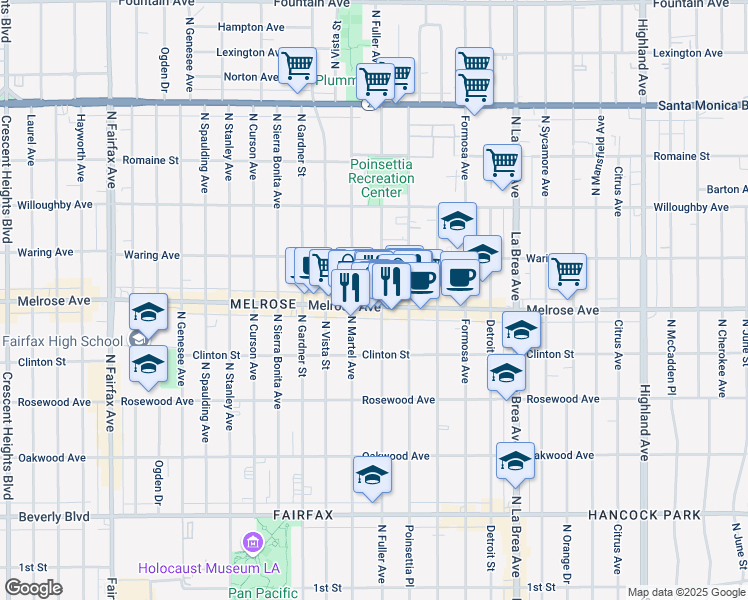 map of restaurants, bars, coffee shops, grocery stores, and more near 727 North Fuller Avenue in Los Angeles