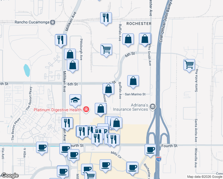 map of restaurants, bars, coffee shops, grocery stores, and more near 11601-11663 6th Street in Rancho Cucamonga