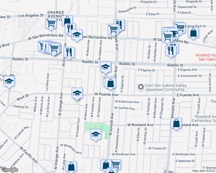 map of restaurants, bars, coffee shops, grocery stores, and more near 745 North Sunset Avenue in West Covina