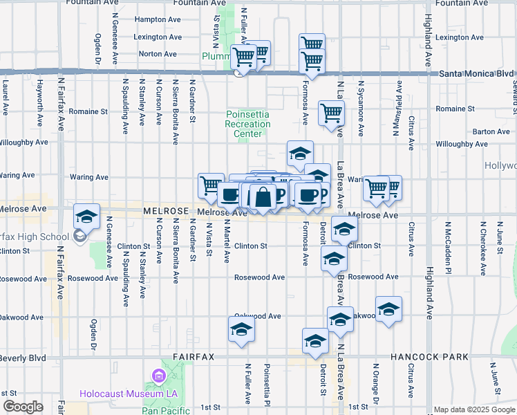 map of restaurants, bars, coffee shops, grocery stores, and more near 726 North Poinsettia Place in Los Angeles