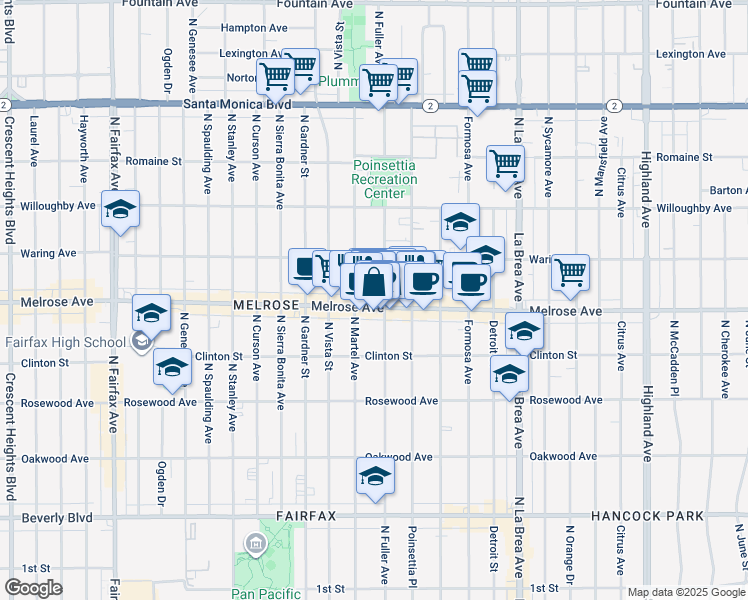 map of restaurants, bars, coffee shops, grocery stores, and more near 727 North Fuller Avenue in Los Angeles