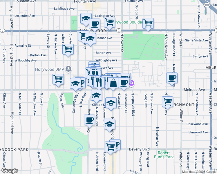 map of restaurants, bars, coffee shops, grocery stores, and more near 710 North El Centro Avenue in Los Angeles