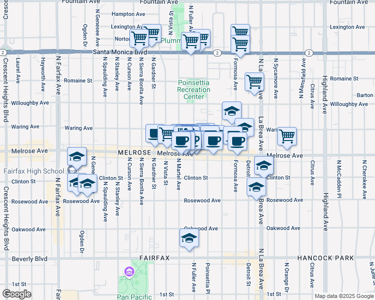map of restaurants, bars, coffee shops, grocery stores, and more near 727 North Fuller Avenue in Los Angeles