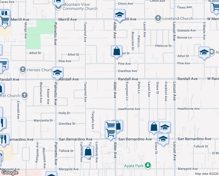 map of restaurants, bars, coffee shops, grocery stores, and more near 17662 Fontlee Lane in Fontana