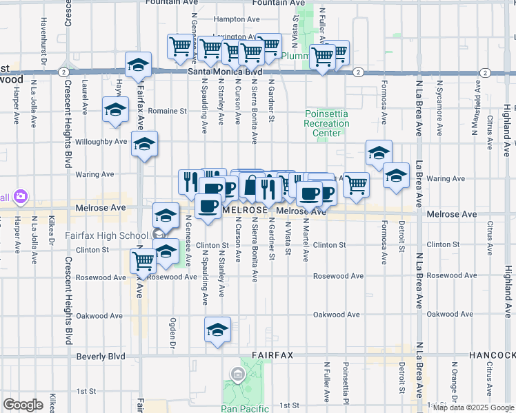 map of restaurants, bars, coffee shops, grocery stores, and more near 727 North Sierra Bonita Avenue in Los Angeles