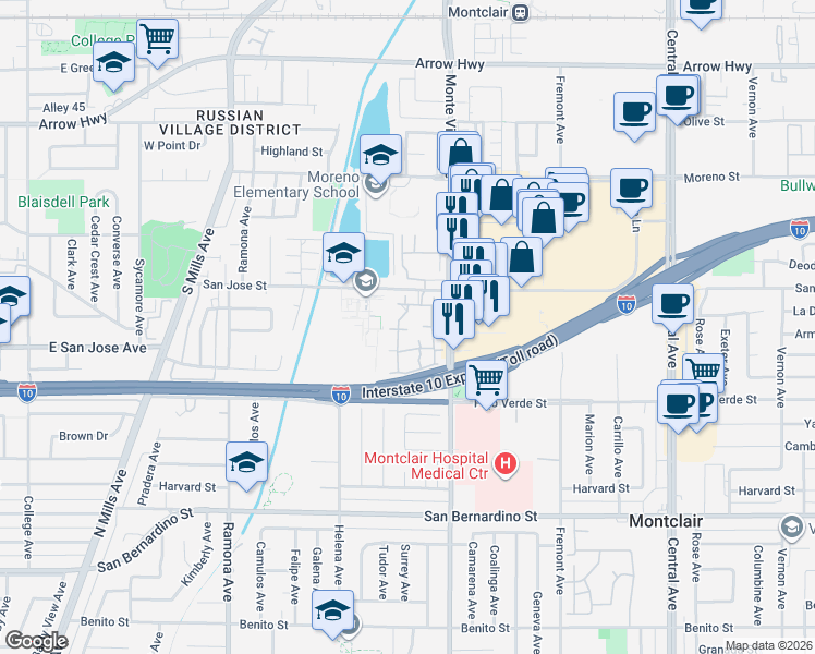 map of restaurants, bars, coffee shops, grocery stores, and more near 9341 Shadowood Drive in Montclair