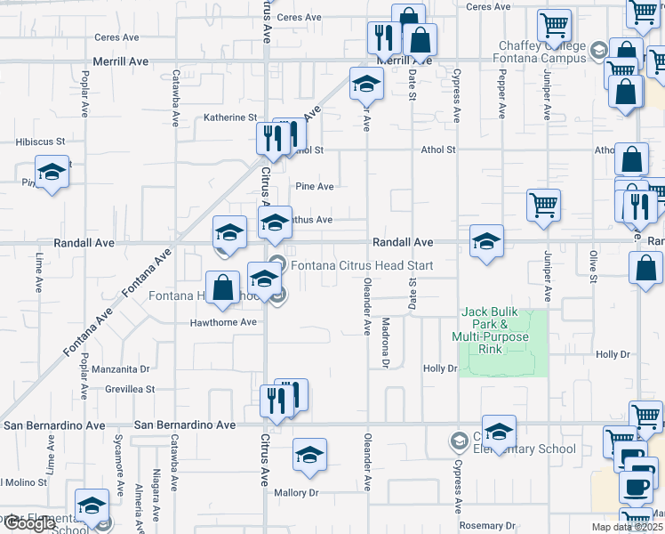 map of restaurants, bars, coffee shops, grocery stores, and more near 16235 Randall Avenue in Fontana