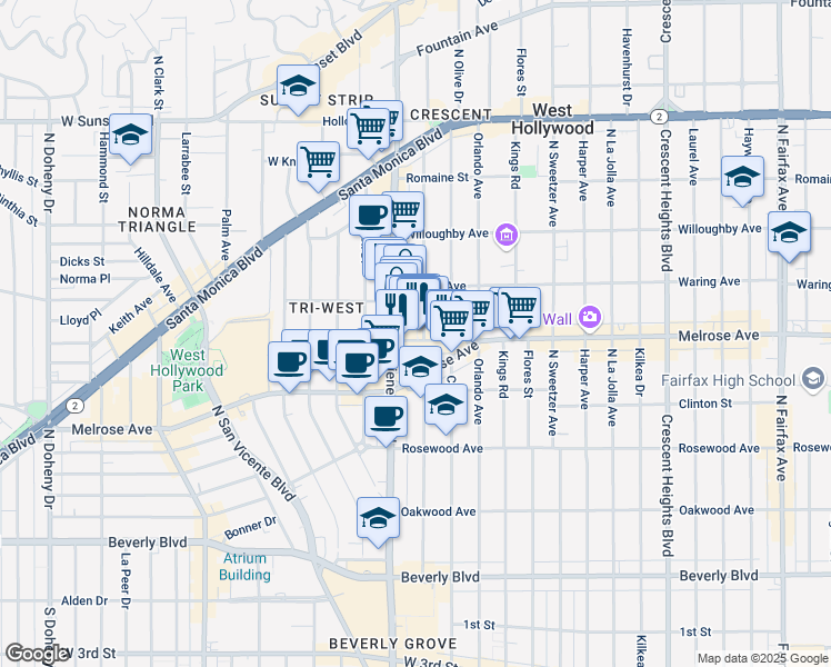 map of restaurants, bars, coffee shops, grocery stores, and more near 8469 Melrose Place in Los Angeles