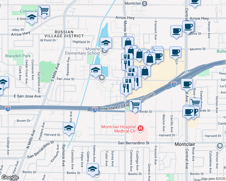 map of restaurants, bars, coffee shops, grocery stores, and more near 9341 Shadowood Drive in Montclair