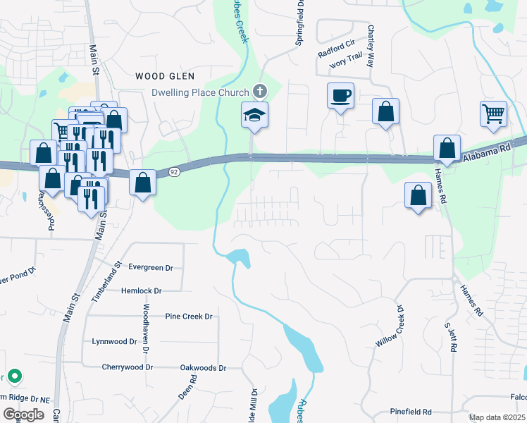 map of restaurants, bars, coffee shops, grocery stores, and more near 107 Manley Court in Woodstock