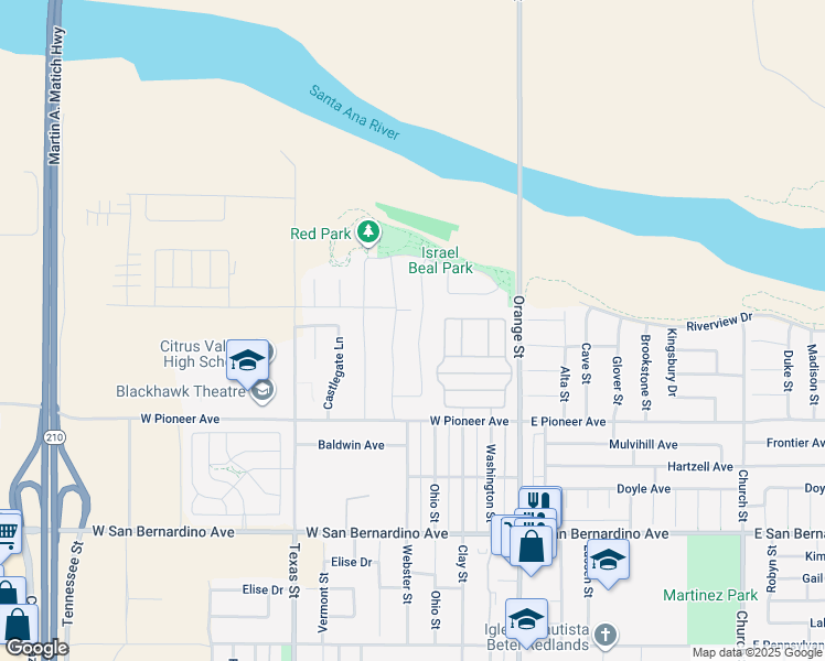 map of restaurants, bars, coffee shops, grocery stores, and more near 1965 Colorado Street in Redlands