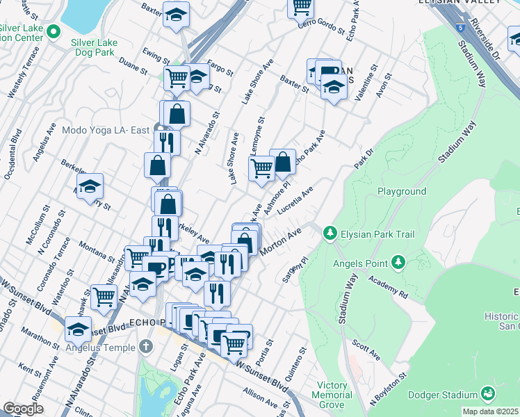 map of restaurants, bars, coffee shops, grocery stores, and more near 1714 Echo Park Avenue in Los Angeles