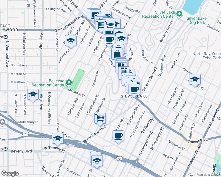 map of restaurants, bars, coffee shops, grocery stores, and more near 3349 Descanso Drive in Los Angeles