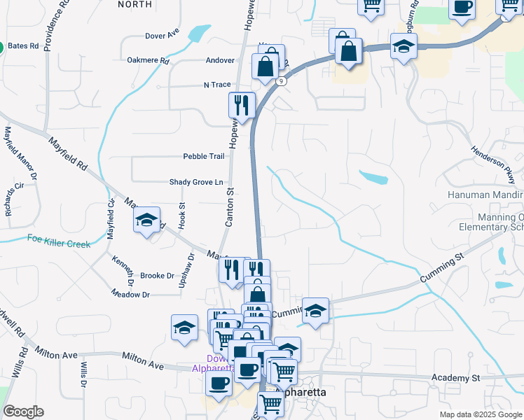 map of restaurants, bars, coffee shops, grocery stores, and more near 301 North Main Street in Alpharetta