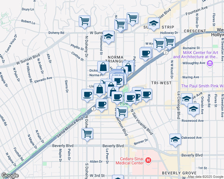 map of restaurants, bars, coffee shops, grocery stores, and more near 8951 California 2 in West Hollywood