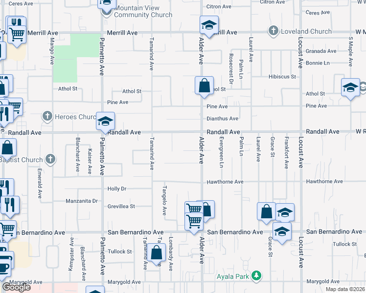 map of restaurants, bars, coffee shops, grocery stores, and more near 17631 Randall Avenue in Fontana