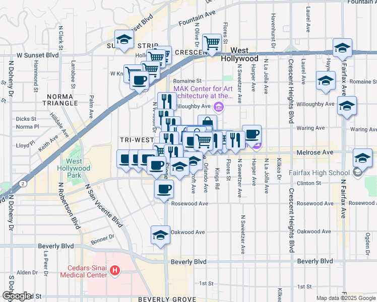 map of restaurants, bars, coffee shops, grocery stores, and more near 730 1/2 North Croft Avenue in West Hollywood