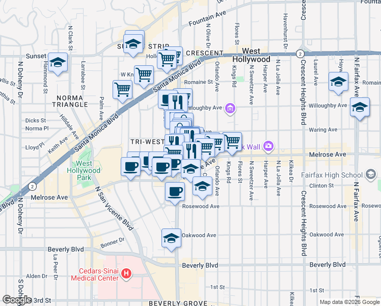 map of restaurants, bars, coffee shops, grocery stores, and more near 725 North Alfred Street in Los Angeles