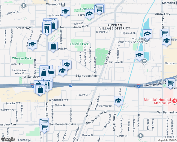 map of restaurants, bars, coffee shops, grocery stores, and more near 626 Converse Avenue in Claremont