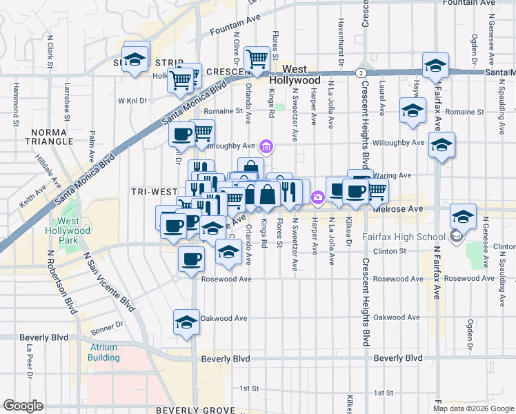 map of restaurants, bars, coffee shops, grocery stores, and more near 732 North Orlando Avenue in Los Angeles