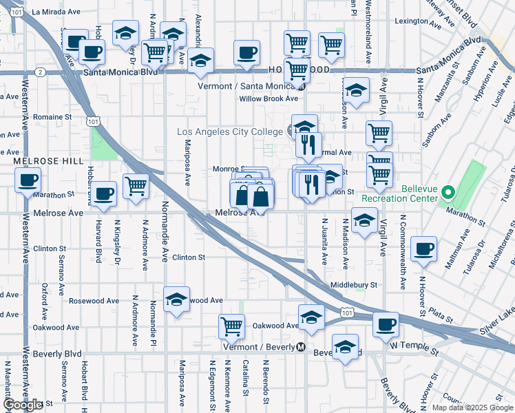 map of restaurants, bars, coffee shops, grocery stores, and more near 722 North Heliotrope Drive in Los Angeles