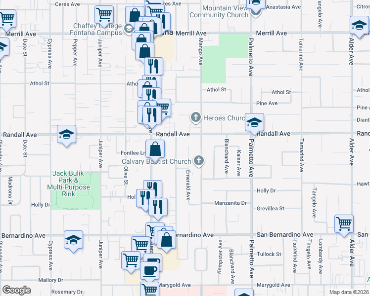 map of restaurants, bars, coffee shops, grocery stores, and more near 9358 Emerald Avenue in Fontana