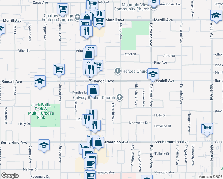 map of restaurants, bars, coffee shops, grocery stores, and more near 9358 Emerald Avenue in Fontana