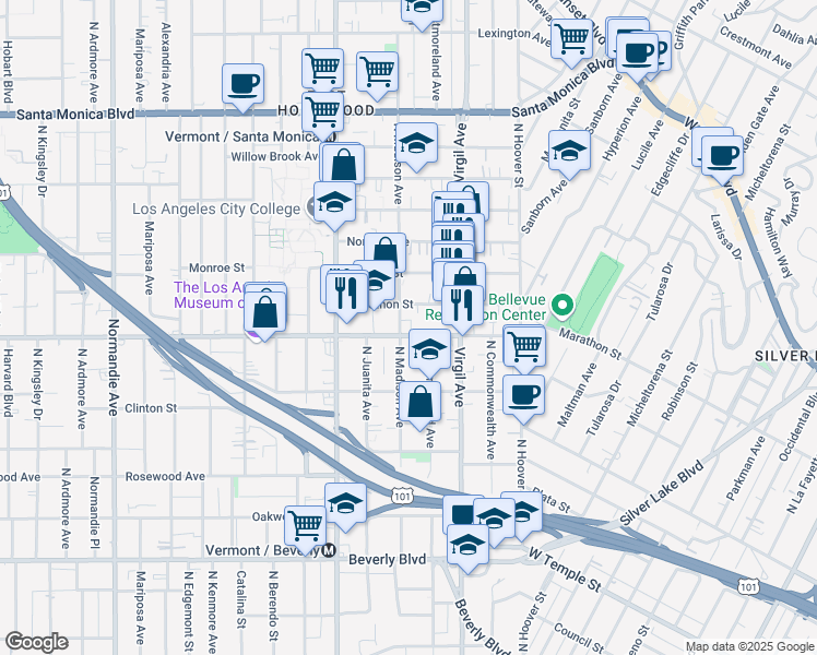 map of restaurants, bars, coffee shops, grocery stores, and more near 4044 Marathon Street in Los Angeles