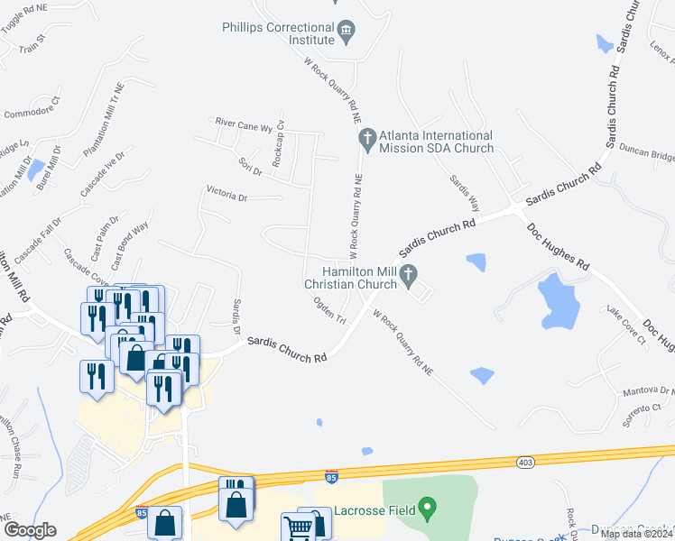 map of restaurants, bars, coffee shops, grocery stores, and more near Arrowfeather Court in Gwinnett County