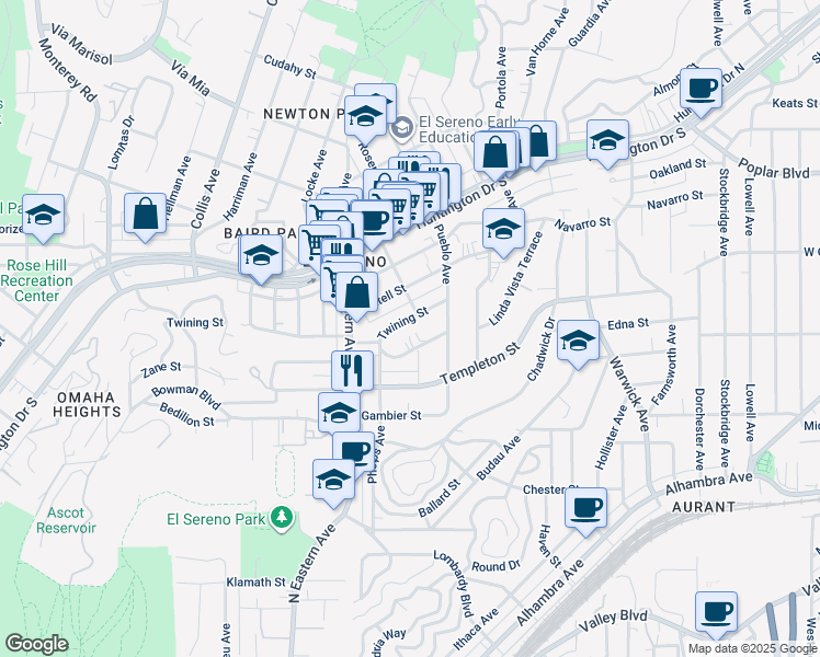 map of restaurants, bars, coffee shops, grocery stores, and more near 4940 Twining Street in Los Angeles