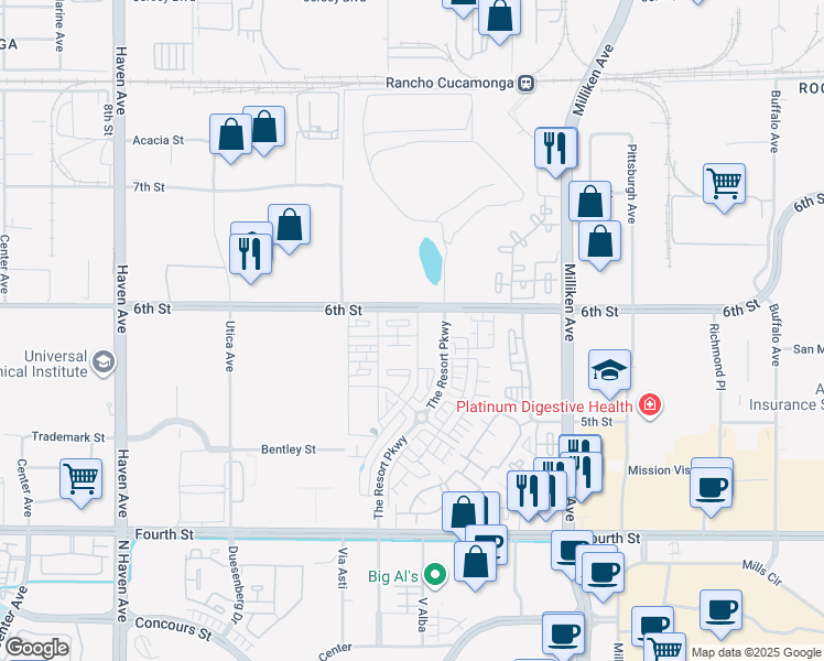 map of restaurants, bars, coffee shops, grocery stores, and more near 11015 6th Street in Rancho Cucamonga