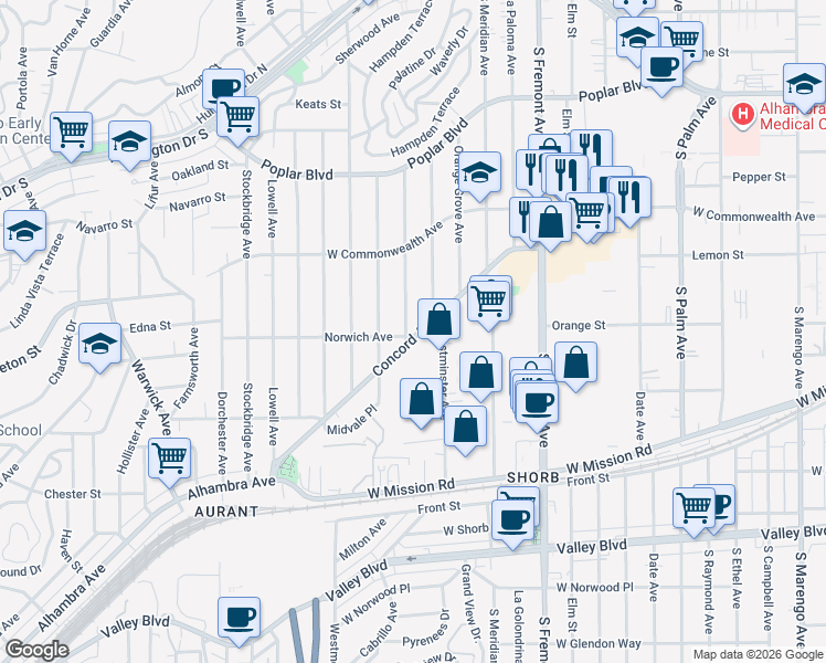 map of restaurants, bars, coffee shops, grocery stores, and more near 819 Westminster Avenue in Alhambra