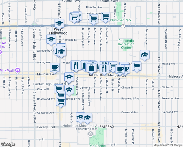 map of restaurants, bars, coffee shops, grocery stores, and more near 77041/2 Melrose Avenue in Los Angeles