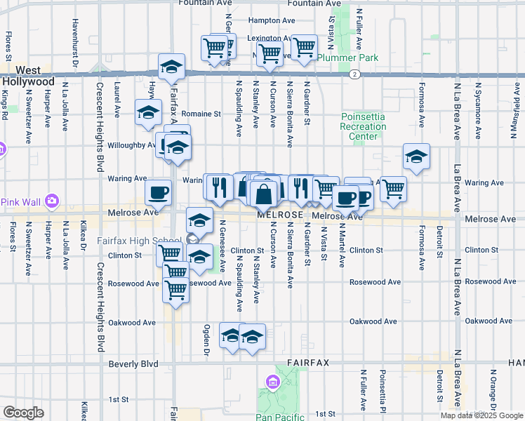 map of restaurants, bars, coffee shops, grocery stores, and more near 724 North Stanley Avenue in Los Angeles