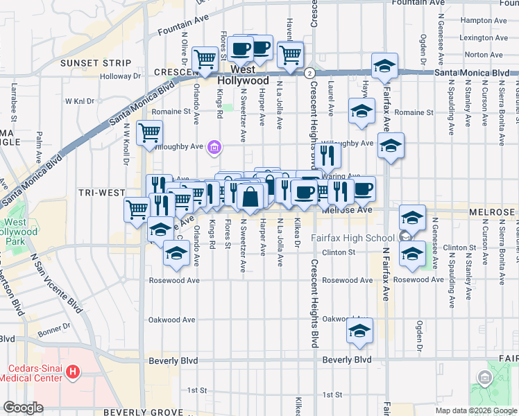 map of restaurants, bars, coffee shops, grocery stores, and more near 725 North Harper Avenue in Los Angeles