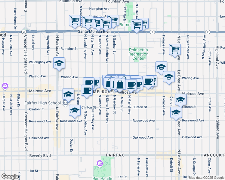 map of restaurants, bars, coffee shops, grocery stores, and more near 726 North Gardner Street in Los Angeles