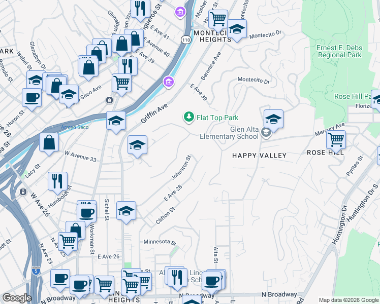 map of restaurants, bars, coffee shops, grocery stores, and more near 3247 Johnston Street in Los Angeles