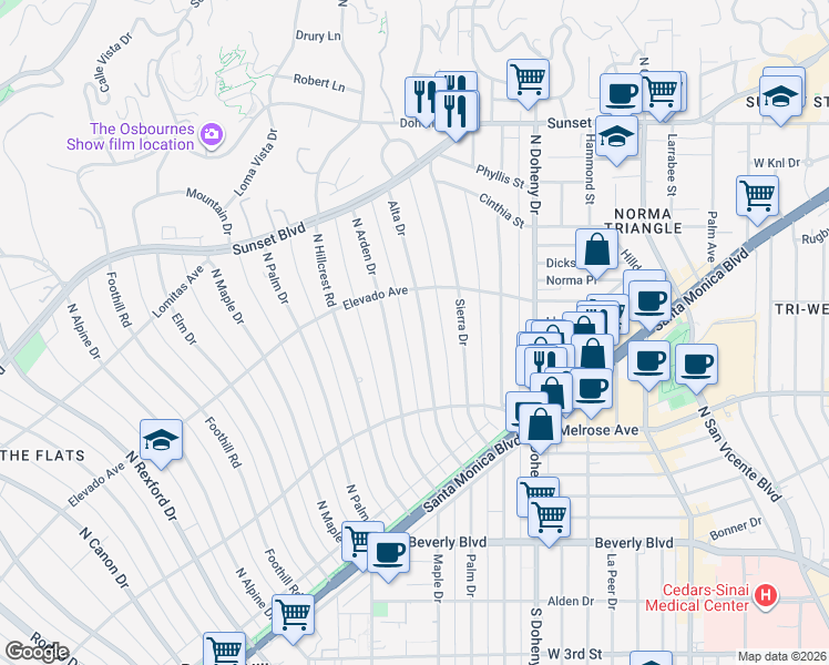 map of restaurants, bars, coffee shops, grocery stores, and more near 623 Alta Drive in Beverly Hills