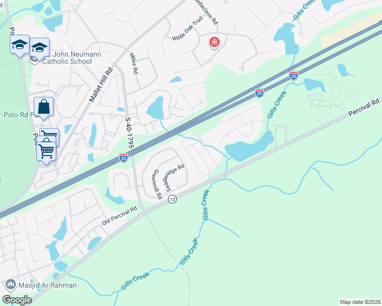 map of restaurants, bars, coffee shops, grocery stores, and more near 3615 Percival Road in Columbia