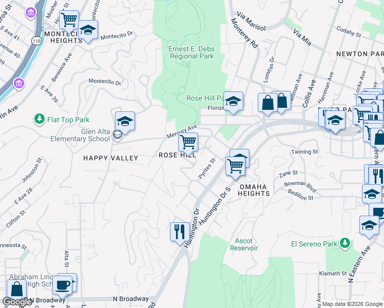map of restaurants, bars, coffee shops, grocery stores, and more near 4527 East Rose Hill Drive in Los Angeles