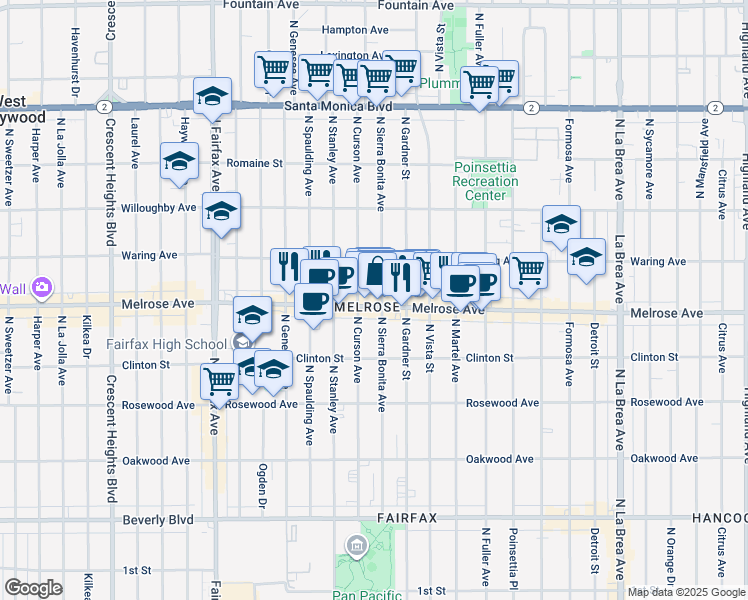 map of restaurants, bars, coffee shops, grocery stores, and more near 727 North Sierra Bonita Avenue in Los Angeles