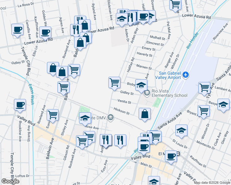 map of restaurants, bars, coffee shops, grocery stores, and more near 4312 Arden Drive in El Monte