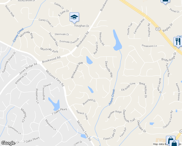map of restaurants, bars, coffee shops, grocery stores, and more near 7545 Brookwood Way in Cumming