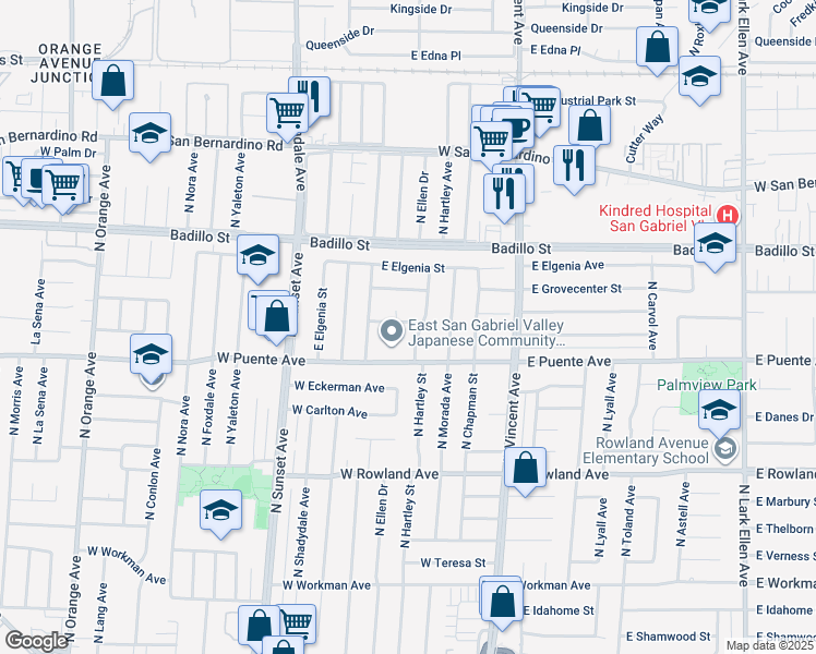 map of restaurants, bars, coffee shops, grocery stores, and more near 754 North Ellen Drive in West Covina