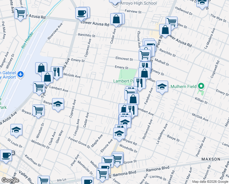 map of restaurants, bars, coffee shops, grocery stores, and more near 11346 Mc Girk Avenue in El Monte