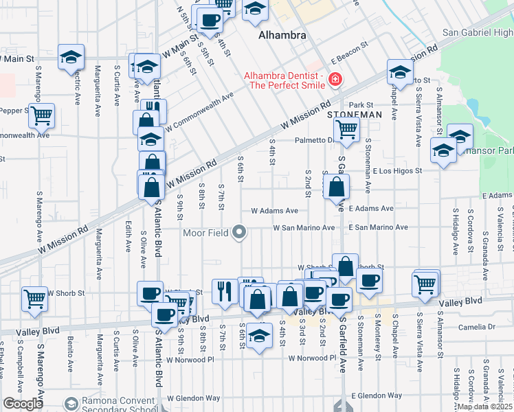 map of restaurants, bars, coffee shops, grocery stores, and more near 410 West Linda Vista Avenue in Alhambra