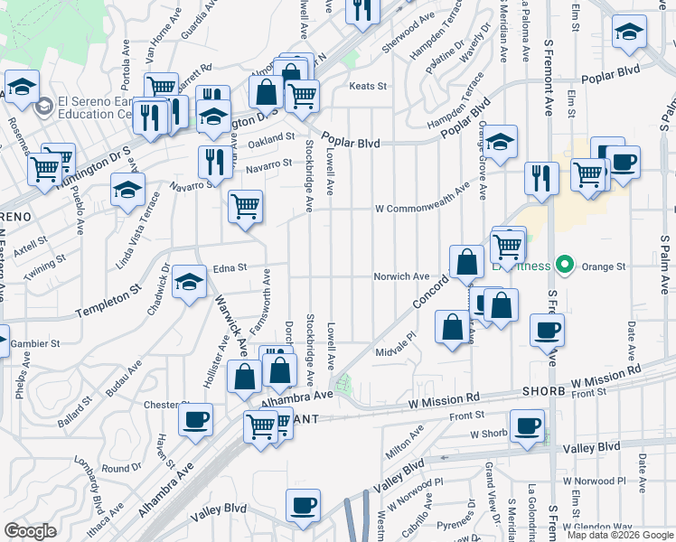 map of restaurants, bars, coffee shops, grocery stores, and more near 3327 Lowell Avenue in Los Angeles