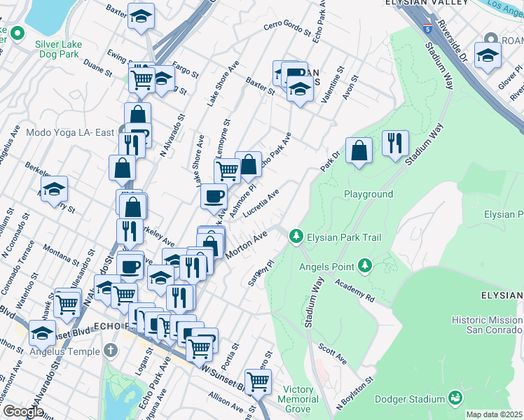 map of restaurants, bars, coffee shops, grocery stores, and more near 1820 Ashmore Place in Los Angeles